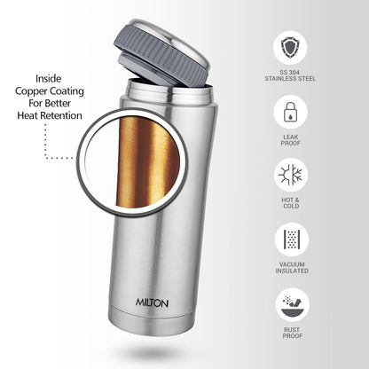 Milton Optima 350 Thermosteel Hot and Cold Flask, 340 ml, Silver | Vacuum Insulated | Rust Proof | Leak Proof | Tea | Coffee | Juice