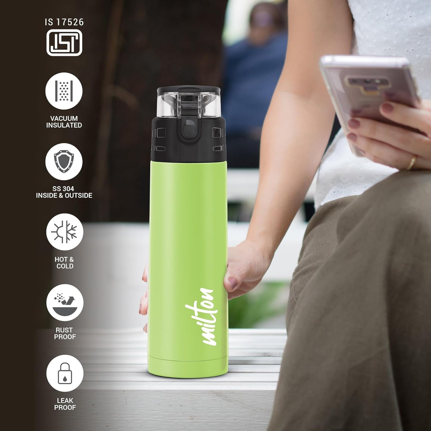Milton Atlantis 600 Thermosteel Water Bottle 500 ml, 24 Hr Hot and Cold I Leak Proof Lid, ISI Certified I Vacuum Insulated I for Office, Gym, School I Green