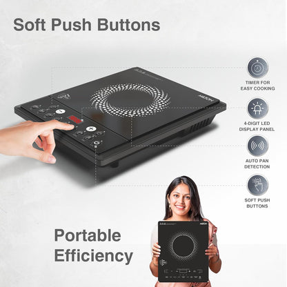 Milton Elio 21.0 Portable Induction Cooktop | LED Display Panel, 5KV Surge Protection I Timer & Preset Menu Functions | 2100 W Push Button| Fast Cooking | 3-Year Warranty on Coil