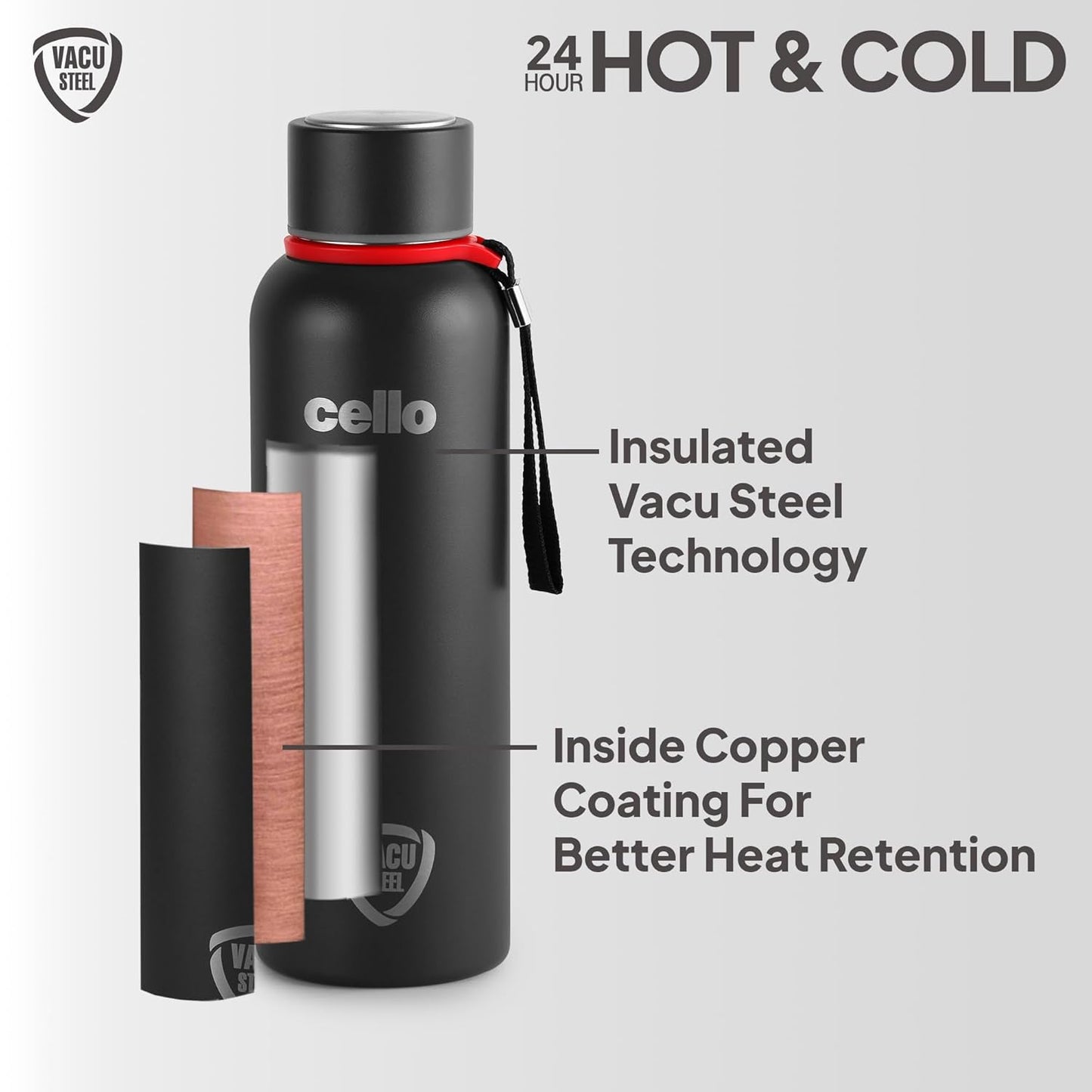 Cello Duro Kent Thermosteel Flask with DTP Coating, 750ml, Black | 24 Hours Hot and Cold Stainless Steel Bottle | Flask for Tea Coffee | Ideal for Office, Gym, Home, Hiking, Trekking, Travel Bottle
