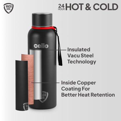 Cello Duro Kent Thermosteel Flask with DTP Coating, 750ml, Black | 24 Hours Hot and Cold Stainless Steel Bottle | Flask for Tea Coffee | Ideal for Office, Gym, Home, Hiking, Trekking, Travel Bottle
