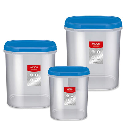 MILTON Quadra Modular Multi-Purpose Plastic Containers with Lid, Set of 3 (8 Litre, 12 Litre, 14.25 Litre) Blue, Kitchen Storage Container Set for Spices, Atta, Grains Organizers, Transparent Dabba