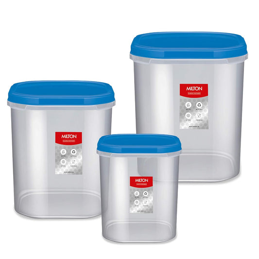 MILTON Quadra Modular Multi-Purpose Plastic Containers with Lid, Set of 3 (8 Litre, 12 Litre, 14.25 Litre) Blue, Kitchen Storage Container Set for Spices, Atta, Grains Organizers, Transparent Dabba