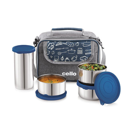 CELLO MF High Meal Combo Lunch Box Set with Bag, Blue | Set of 3 x 300ml Steel Containers + Steel Tumbler 510ml | Food Grade, Easy to Carry Air Tight Leak Proof Lunch Box Set Office, College, Travel