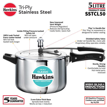 Hawkins Classic 5 Litre Tri-Ply Pressure Cooker, Triply Stainless Steel Inner Lid Cooker, Silver (SSTCL50)