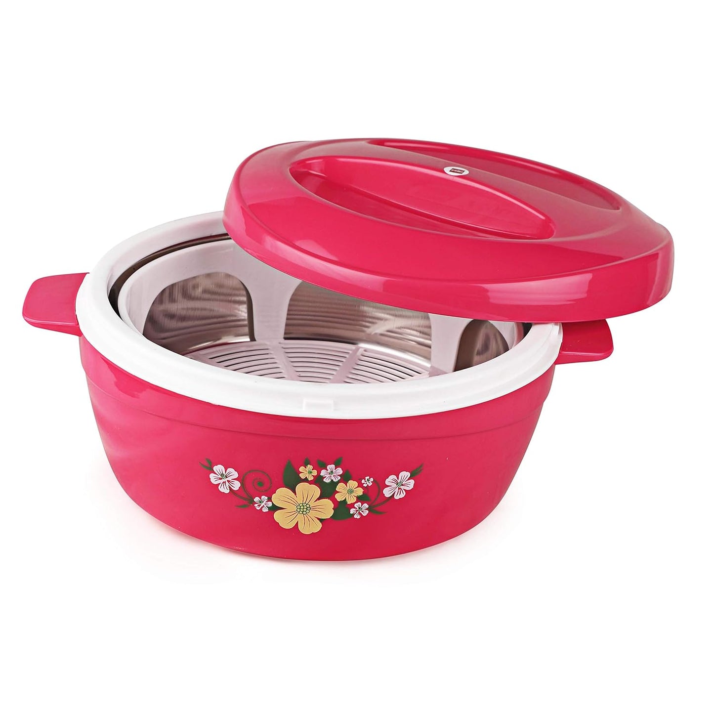 Cello Roti Plus Plastic Floral Casserole with Lid | Locks in the cold & heat for long | Casserole with drip tray | Easy grip lid to open and close | 1.5 L, Pink