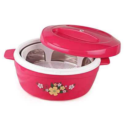 Cello Roti Plus Plastic Floral Casserole with Lid | Locks in the cold & heat for long | Casserole with drip tray | Easy grip lid to open and close | 1.5 L, Pink