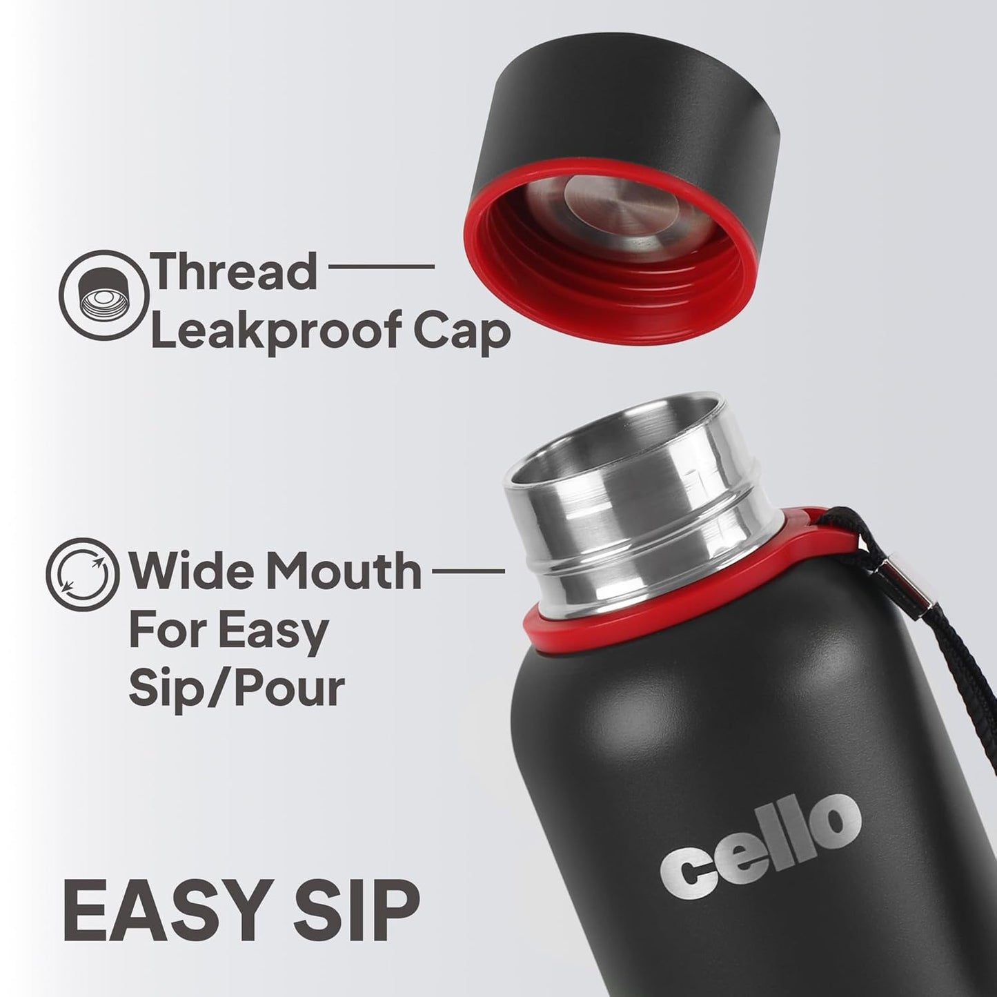 Cello Duro Kent Thermosteel Flask with DTP Coating, 750ml, Black | 24 Hours Hot and Cold Stainless Steel Bottle | Flask for Tea Coffee | Ideal for Office, Gym, Home, Hiking, Trekking, Travel Bottle