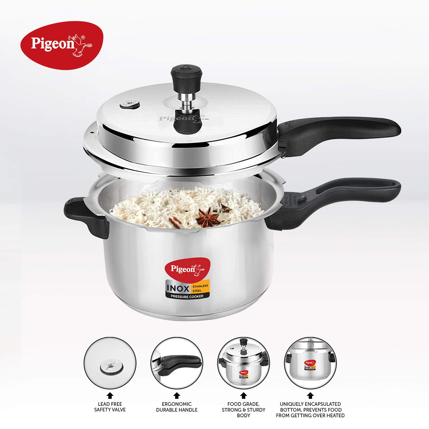 Pigeon by Stovekraft Inox Stainless Steel Pressure Cooker with Outer Lid, Compatible for Gas Stove and Induction, 3 Litre, Silver