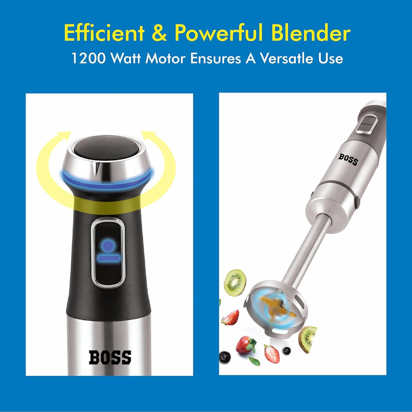 BOSS Stellar Hand Blender 1200 Watts with Chopper, Blender Jar, On to go Bottle Cap| Variable Speed & Turbo Speed Function| Anti-Splash Technology| 2 Year Warranty| Black