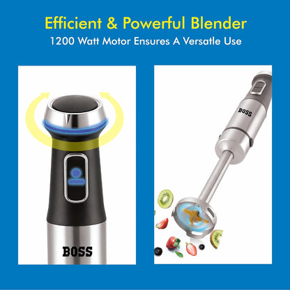 BOSS Stellar Hand Blender 1200 Watts with Chopper, Blender Jar, On to go Bottle Cap| Variable Speed & Turbo Speed Function| Anti-Splash Technology| 2 Year Warranty| Black