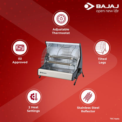 Bajaj Deluxe 2000 Watts Halogen Room Heater | ISI Approved | Adjustable Thermostat | 2 Heat Settings | 2 Yr Warranty