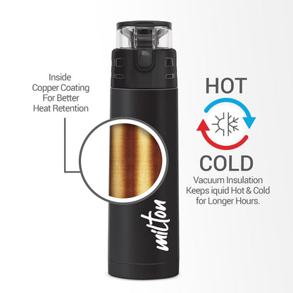 Milton Atlantis 400 Thermosteel Water Bottle 350 ml, 24 Hr Hot and Cold I Leak Proof Lid, ISI Certified I Vacuum Insulated I for Office, Gym, School I Black