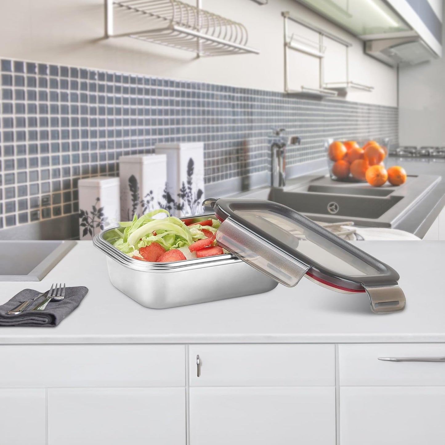 MILTON Modulo Steel Rectangular 650 Container with lock lid|Airtight & Leakproof|Microwave & Oven safe| Light Weight | School, Office or Picnic use, 650 ml, Silver