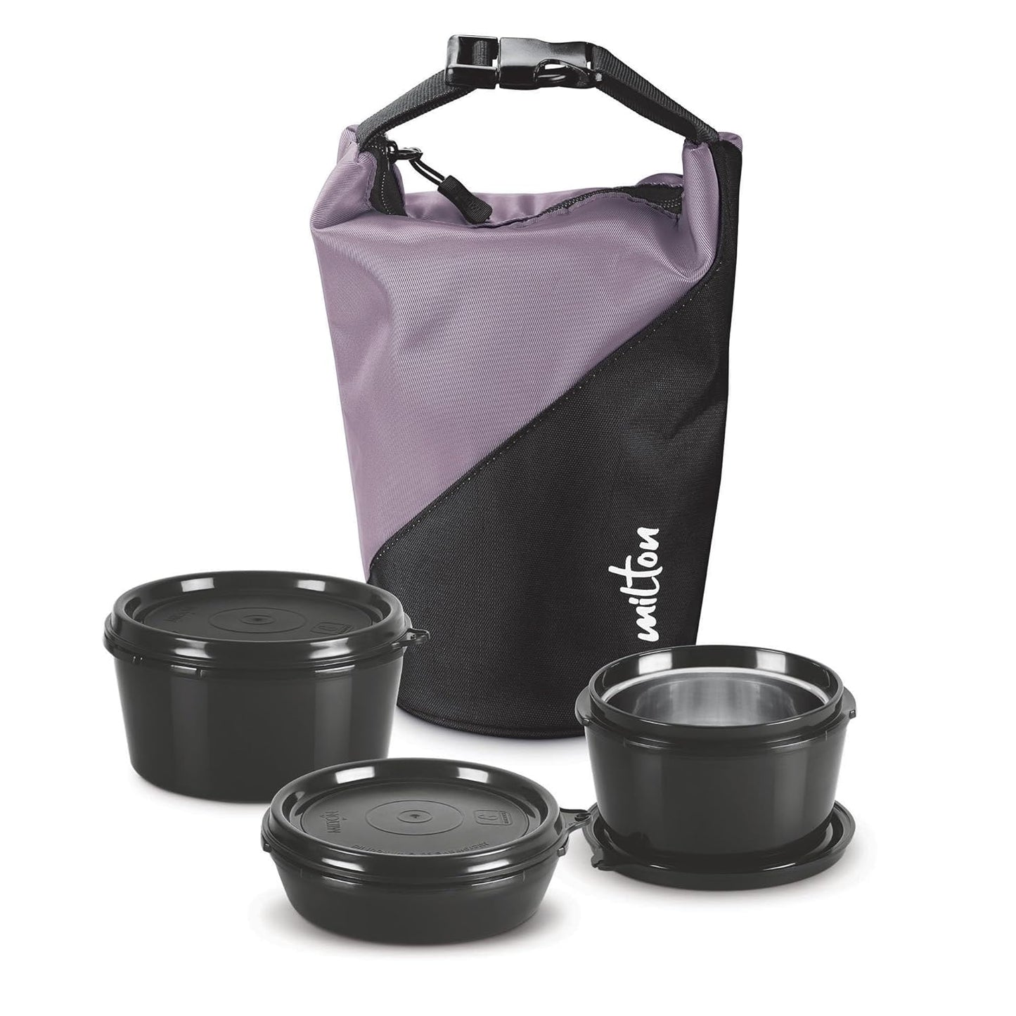 MILTON Micro Meal Lunch Box (3 Microwave Safe Inner Steel Containers,1 x 180 ml, 2 X 320 ml Each) with Insulated Fabric Jacket, Purple