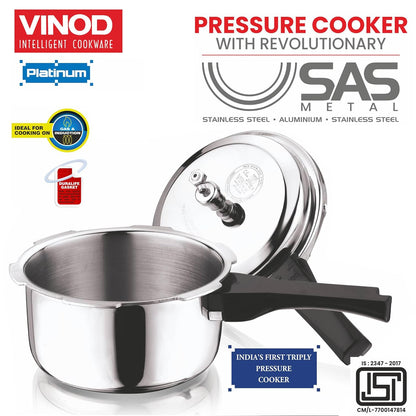 Vinod Platinum Triply Stainless Steel Outer Lid Pressure Cooker 5 Litre | ISI Certified | Induction & Gas Stove Compatible | Silver