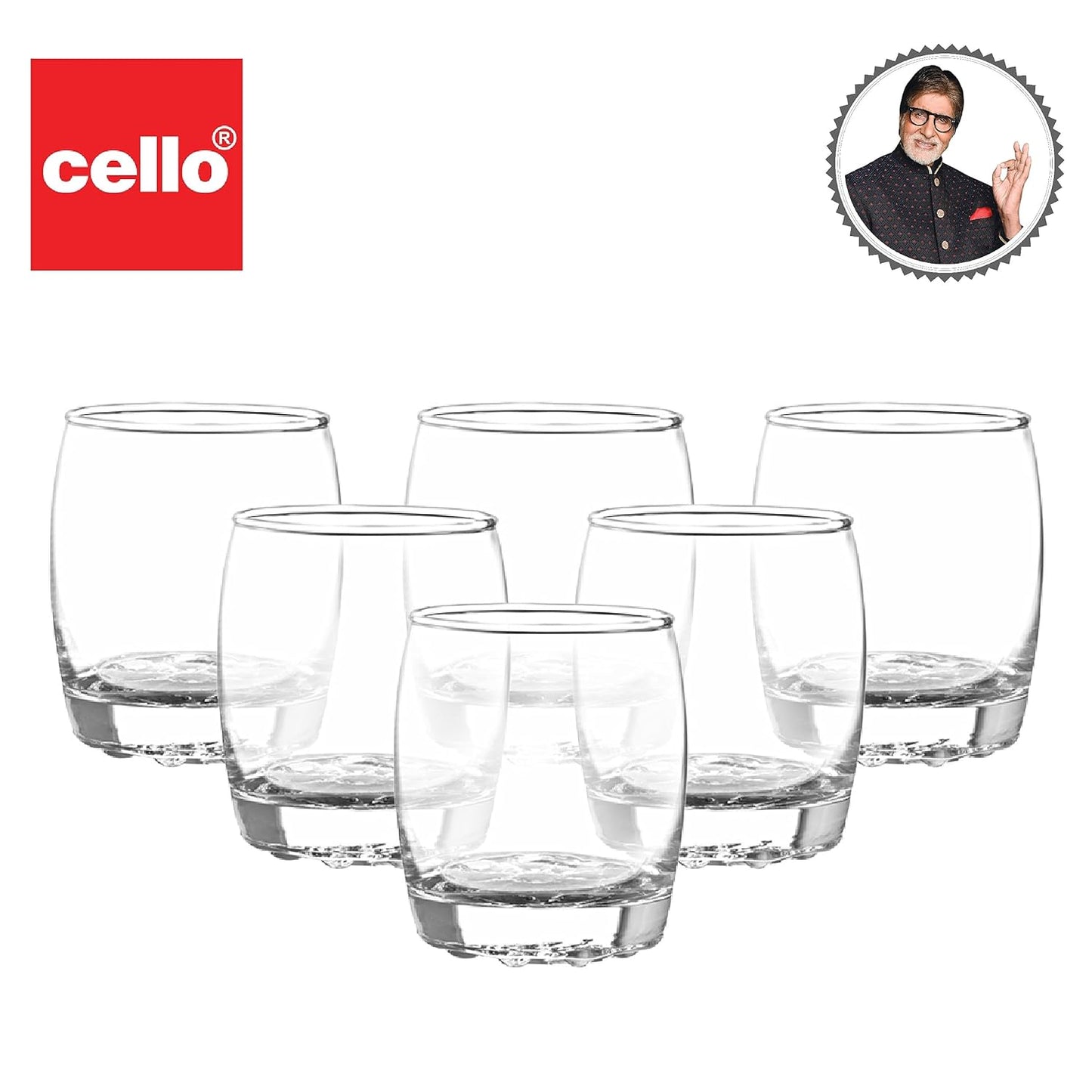 CELLO Amphio Glass Set, 210ml | Set of 6 Clear Glasses | Transparent Whisky Glass | Light weight & Easy to Clean | Perfect for Gifting | Clear