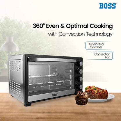 BOSS Delish 30 Litres Oven Toaster Griller, Motorised Rotisserie, Convection, Baking, Grilling, Toasting, 1600 Watts, 2 years warranty, Black