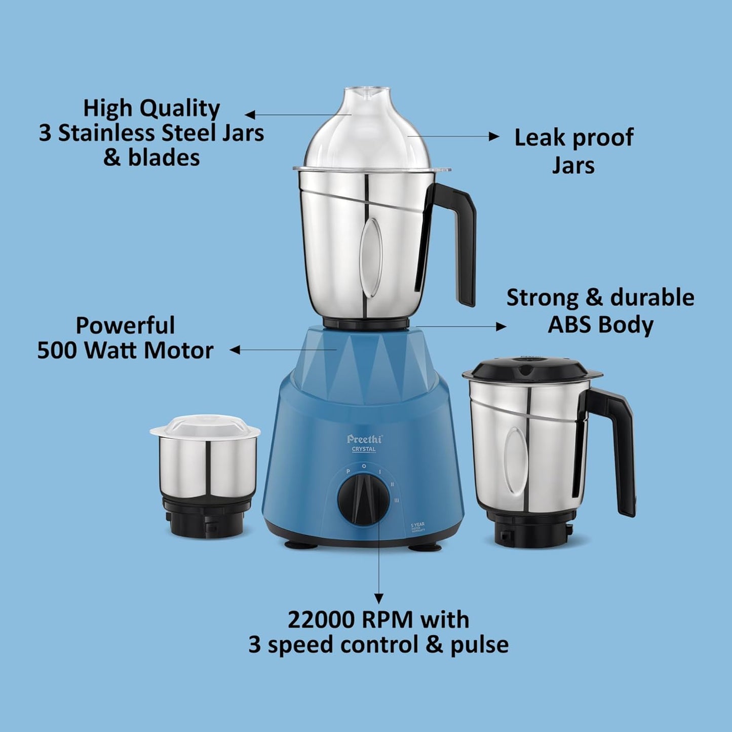 Preethi Plastic Crystal Mg224 Mixer Grinder, 500 Watt, Blue, 3 Jars, Vega W5 Motor With 5Yr Warranty