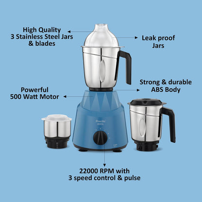 Preethi Plastic Crystal Mg224 Mixer Grinder, 500 Watt, Blue, 3 Jars, Vega W5 Motor With 5Yr Warranty
