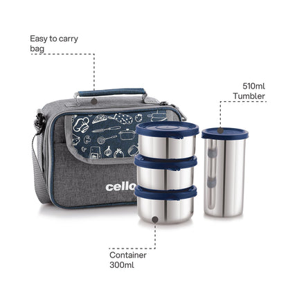 CELLO MF High Meal Combo Lunch Box Set with Bag, Blue | Set of 3 x 300ml Steel Containers + Steel Tumbler 510ml | Food Grade, Easy to Carry Air Tight Leak Proof Lunch Box Set Office, College, Travel