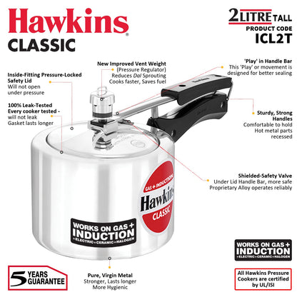 Hawkins 2 Litre Classic Pressure Cooker, Tall Design, Induction Inner Lid Cooker, Pan Cooker, Best Cooker, Silver (ICL2T)