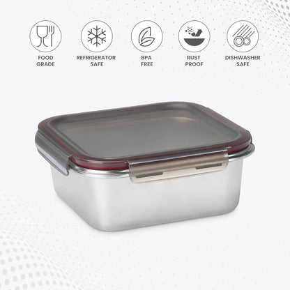 MILTON Modulo Steel Square 1500 Container with lock lid|Airtight & Leakproof|Microwave & Oven safe| Light Weight | School, Office or Picnic use, 1440 ml, Silver
