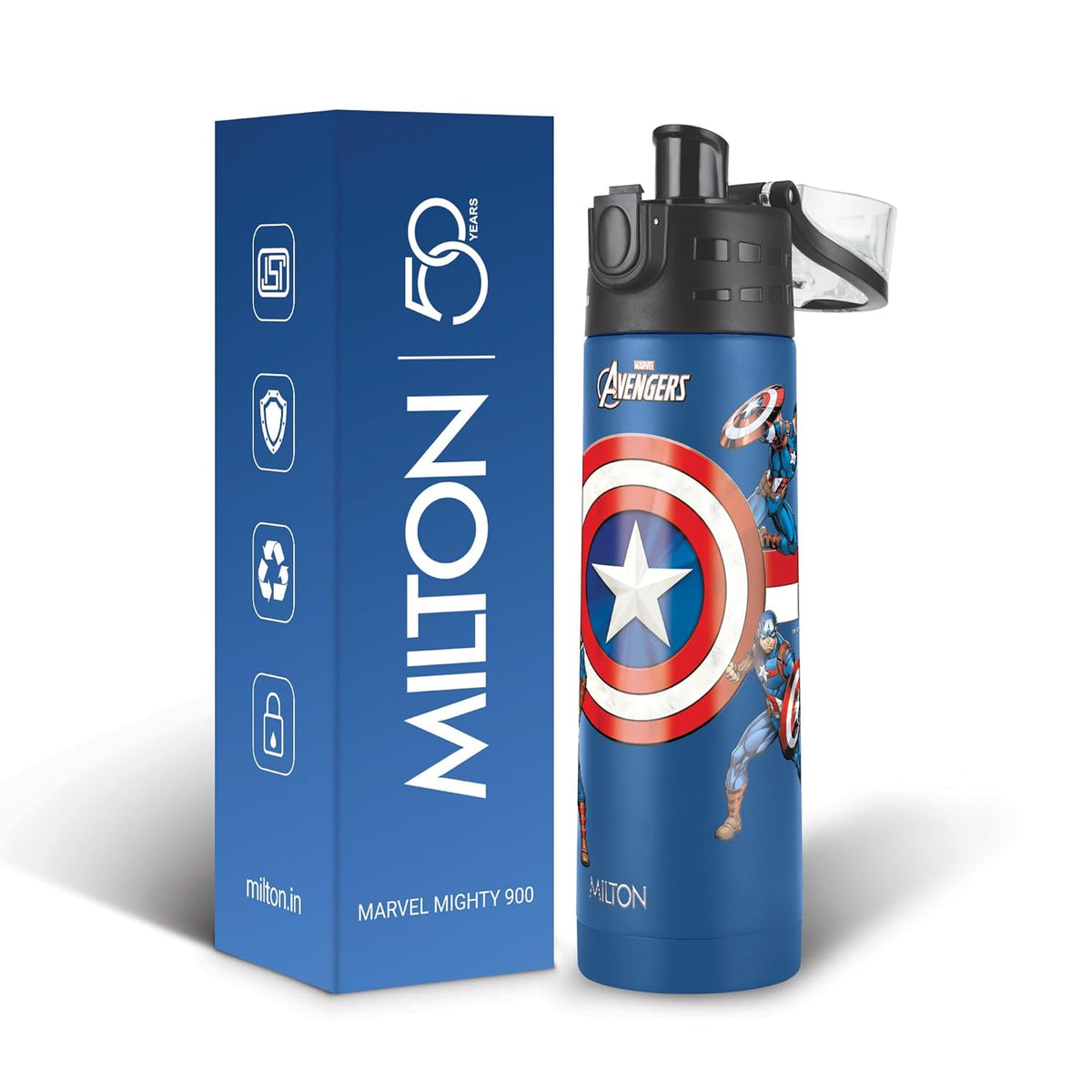 Milton Marvel Mighty 900 Thermosteel ISI Certified Water Bottle, 750 ml Stainless Steel,Long Hours Hot and Cold, Leak Proof, Vacuum Insulation, for Office, School, Gym, Blue Captain America