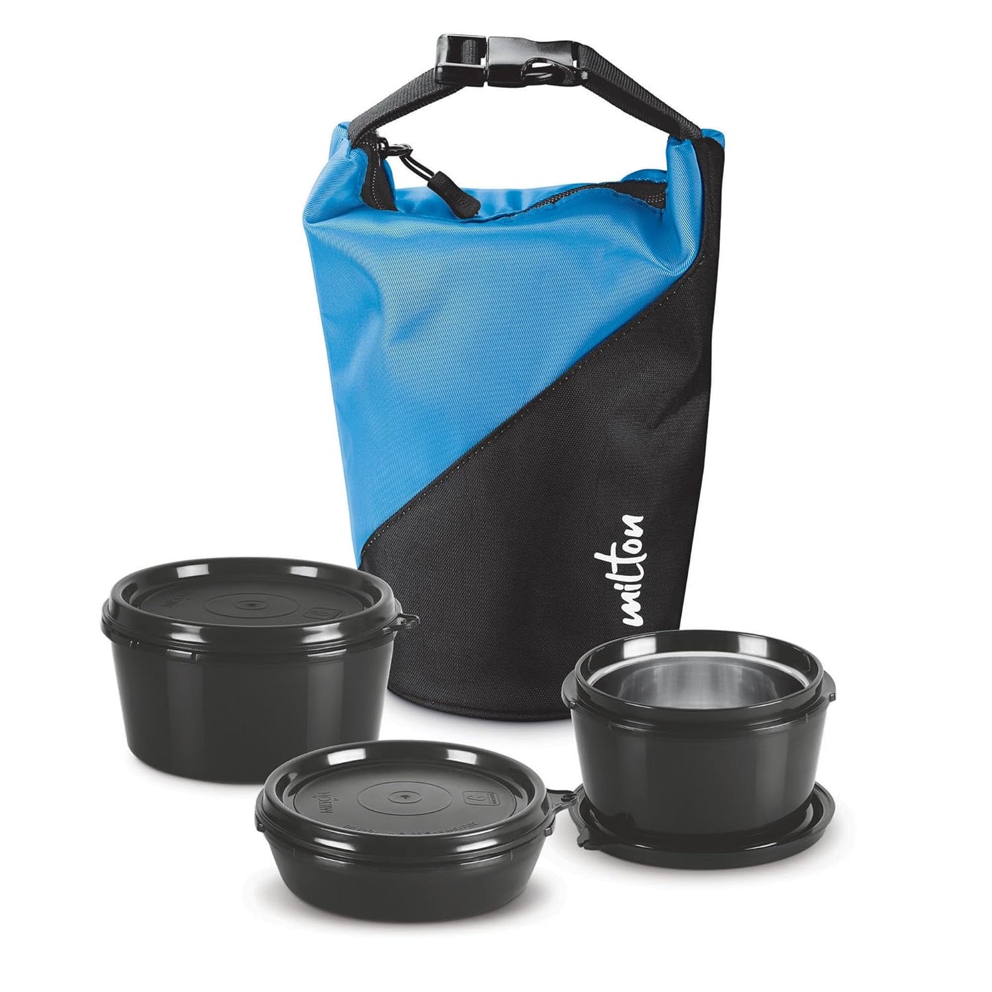 MILTON Micro Meal Lunch Box (3 Microwave Safe Inner Steel Containers,1 x 180 ml, 2 X 320 ml Each) with Insulated Fabric Jacket, Blue