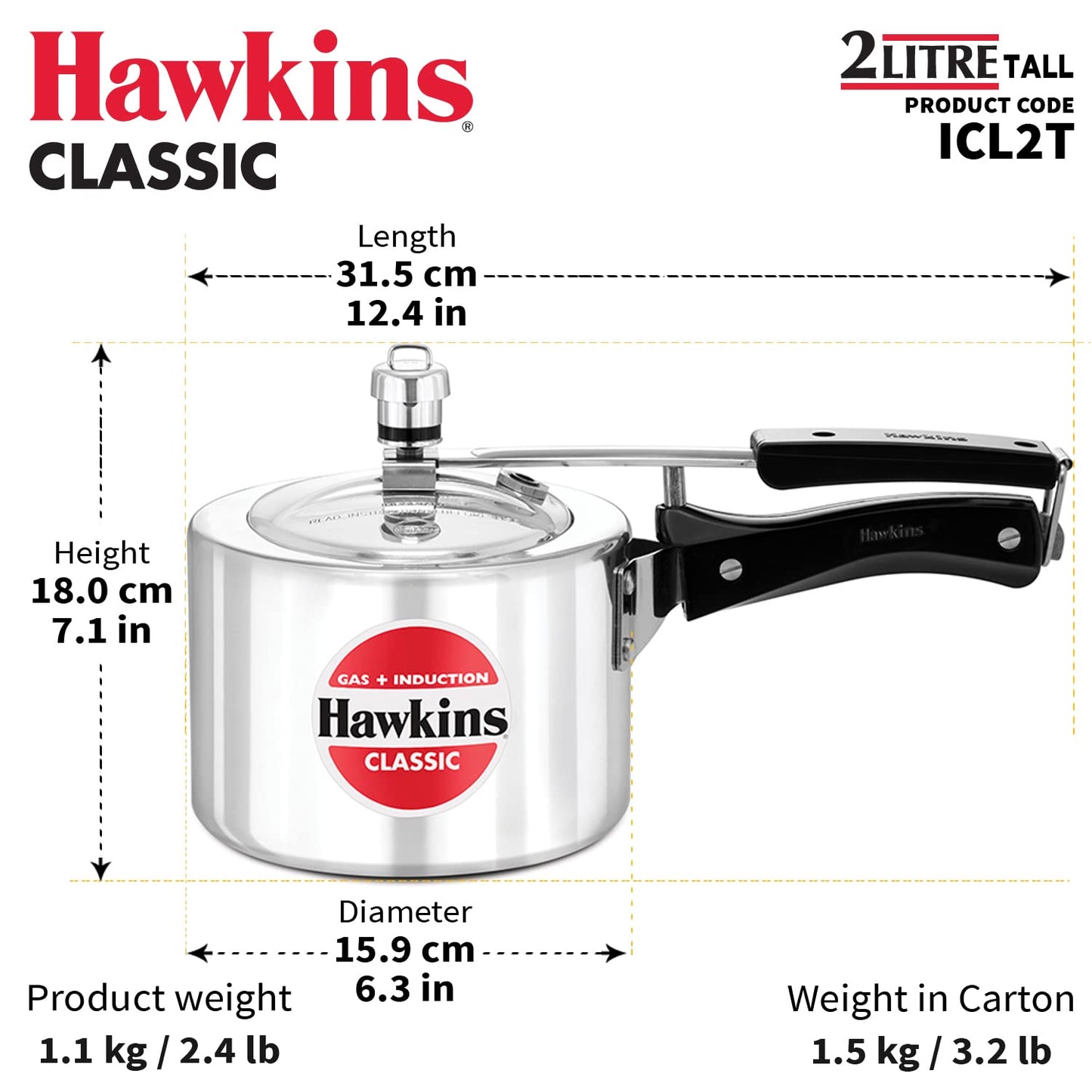 Hawkins 2 Litre Classic Pressure Cooker, Tall Design, Induction Inner Lid Cooker, Pan Cooker, Best Cooker, Silver (ICL2T)