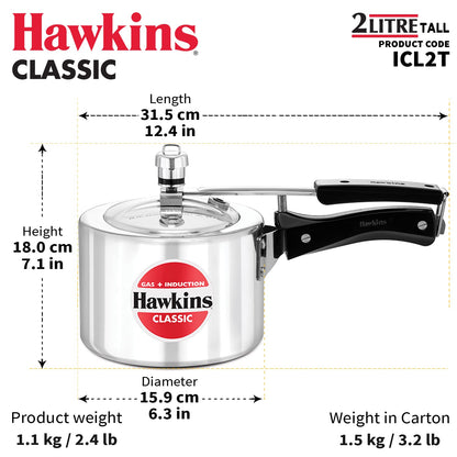 Hawkins 2 Litre Classic Pressure Cooker, Tall Design, Induction Inner Lid Cooker, Pan Cooker, Best Cooker, Silver (ICL2T)