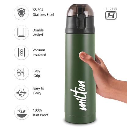 Milton New Crown 900 Thermosteel Water Bottle 750 ml with One Touch Safety Lock, 24 Hours Hot and Cold, Leak Proof Lid, ISI Certified I Vacuum Insulated I for Office, Gym, School I Green