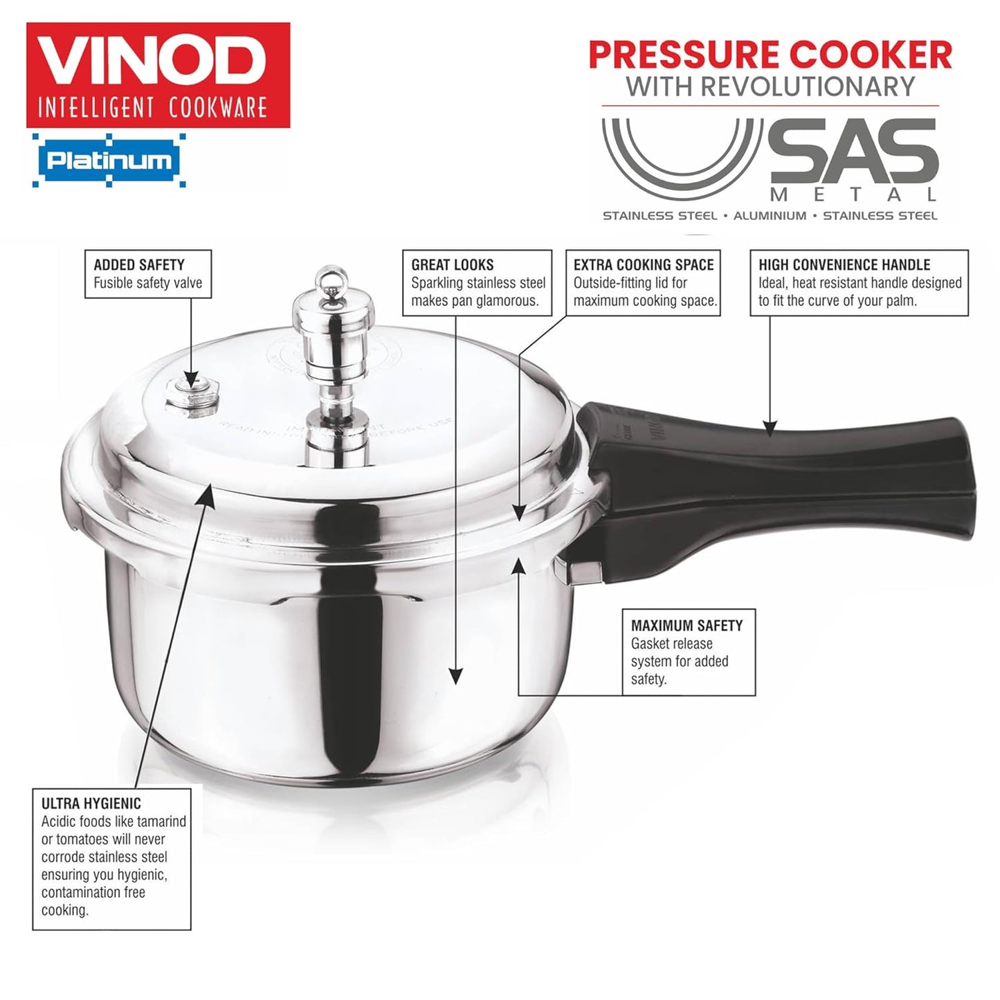 Vinod Platinum Triply Stainless Steel Outer Lid Pressure Cooker - 1. 5 litre/Induction and Gas Stove Friendly