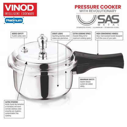 Vinod Platinum Triply Stainless Steel Outer Lid Pressure Cooker - 1. 5 litre/Induction and Gas Stove Friendly