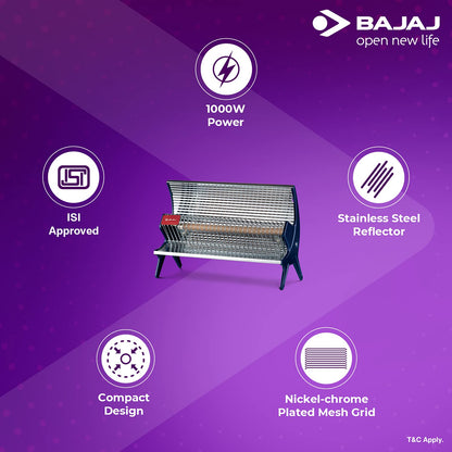 Bajaj Flashy Radiant Room Heater For Home|Stainless Steel Heat Reflector|Nickel Chrome Mesh|Adjustable Thermostat|1000 W Ceramic Heater For Winter|Electric Heater For Room|2-Yr Warranty By Bajaj|Black