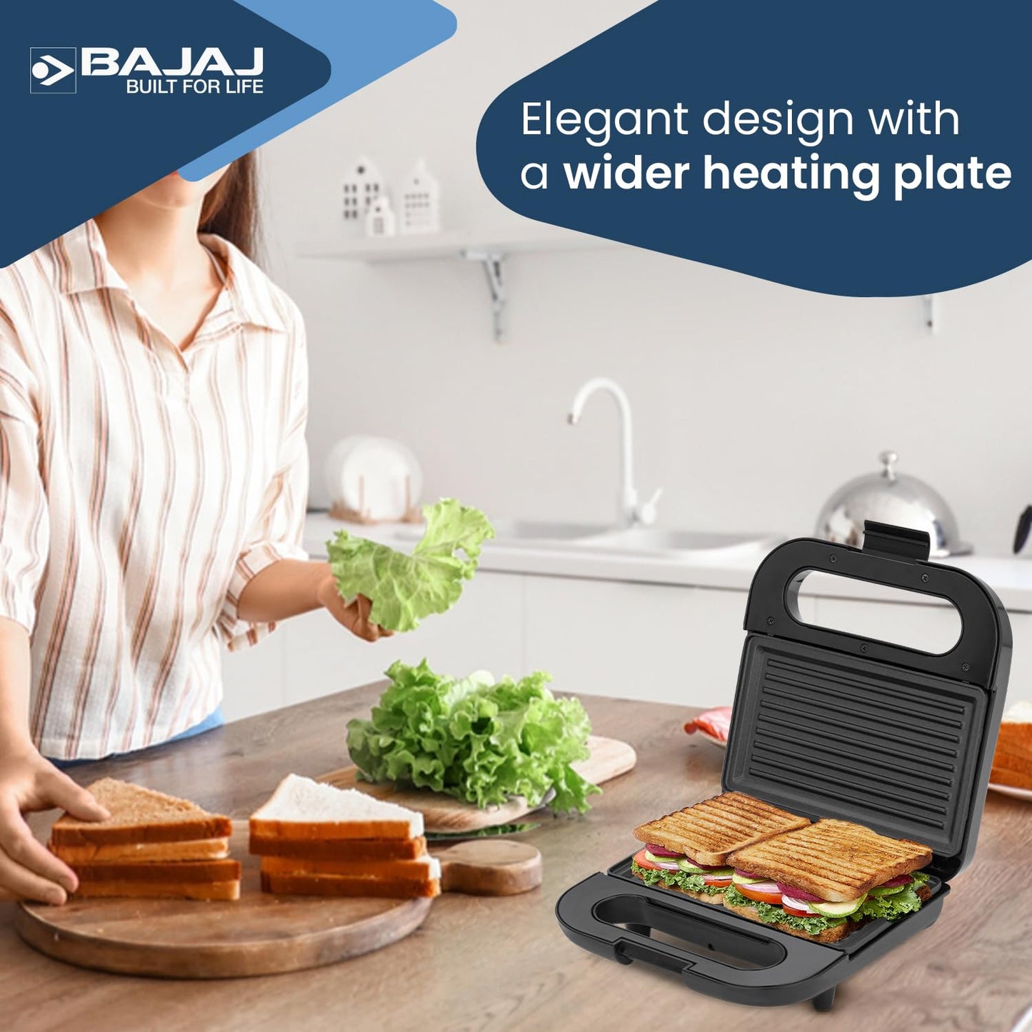 Bajaj SWX 6 800-Watt 2-Slice Sandwich Griller | Non-Stick Coated Plates for Easy-to-Clean | Upright Compact Storage | Buckle Clips Lock | 2 Years Warranty | Black