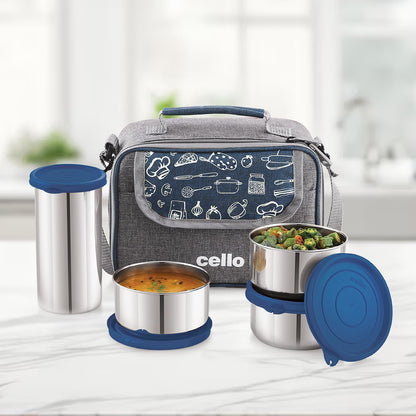 CELLO MF High Meal Combo Lunch Box Set with Bag, Blue | Set of 3 x 300ml Steel Containers + Steel Tumbler 510ml | Food Grade, Easy to Carry Air Tight Leak Proof Lunch Box Set Office, College, Travel
