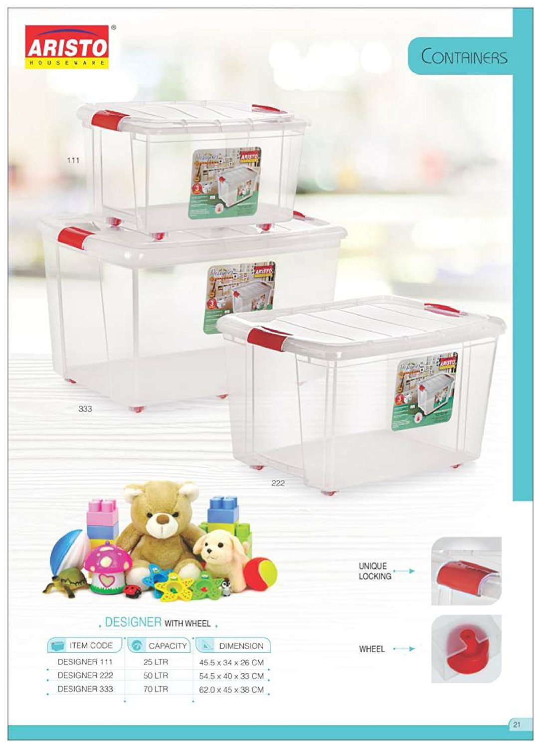 ARISTO Designer 111 Multipurpose Plastic Storage Container Box with Wheels 25 LTR (Clear, Transparent)