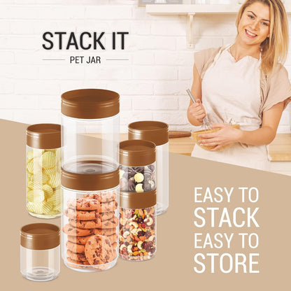 MILTON Stack IT 1000 Airtight Plastic Storage Jar and Container Set Stackable BPA Free, Transparent Containers for Kitchen Grocery Storage, Multipurpose Organizer Jar 890 Ml Each, Set of 2, Brown