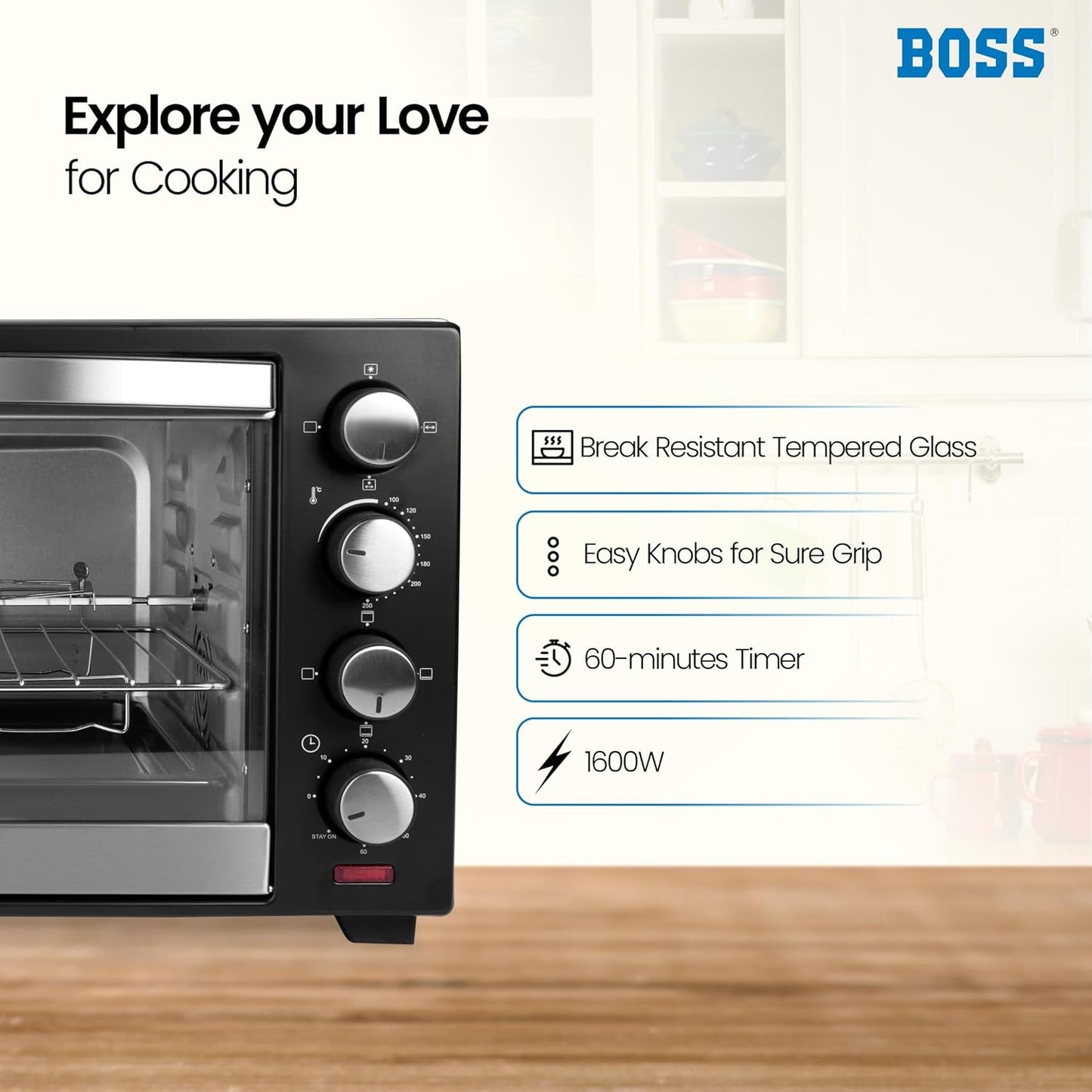 BOSS Delish 30 Litres Oven Toaster Griller, Motorised Rotisserie, Convection, Baking, Grilling, Toasting, 1600 Watts, 2 years warranty, Black
