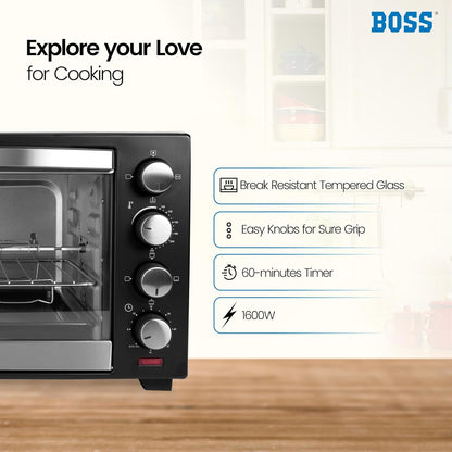 BOSS Delish 30 Litres Oven Toaster Griller, Motorised Rotisserie, Convection, Baking, Grilling, Toasting, 1600 Watts, 2 years warranty, Black
