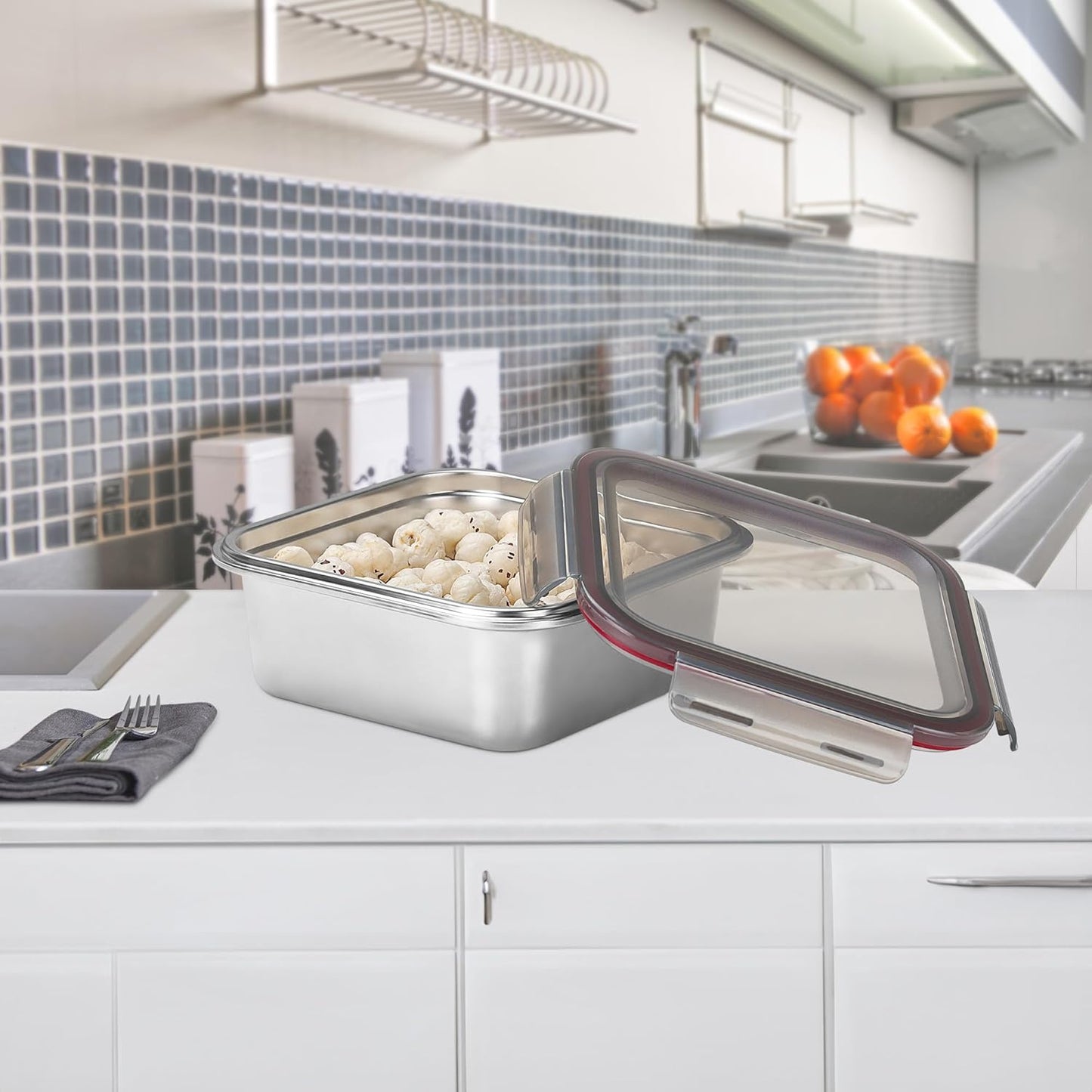 MILTON Modulo Steel Square 1500 Container with lock lid|Airtight & Leakproof|Microwave & Oven safe| Light Weight | School, Office or Picnic use, 1440 ml, Silver
