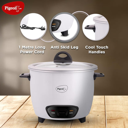 Pigeon by Stovekraft Joy Rice Cooker with Single pot, 1 litres. (White) | Toughened Glass Lid | 400 Watts | Aluminium Cooking Pot | Measuring Cup| Spatula | Energy Efficient Cooking