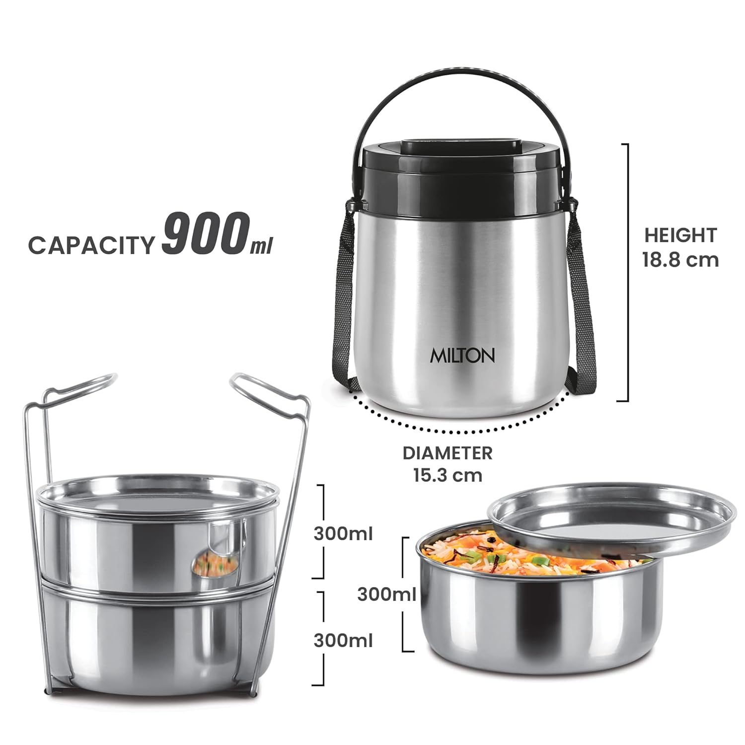 MILTON Steel Classic Tiffin with Lifter, Container, 300 ml