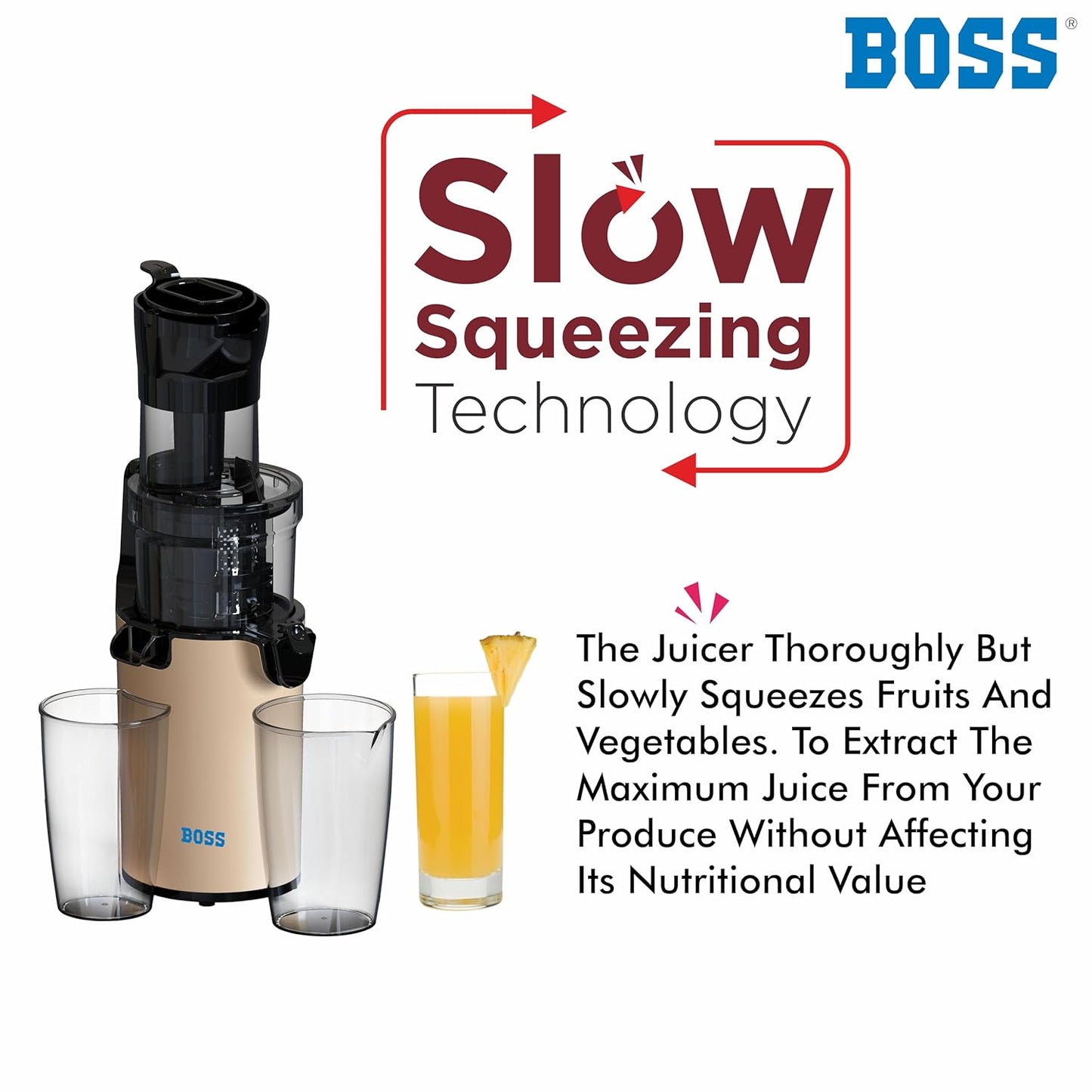 BOSS Fauna Slow Juicer, Professional Cold Press Whole Slow Juicer, 200 Watts | All-in-1 Fruit & Vegetable Juicer, Grey