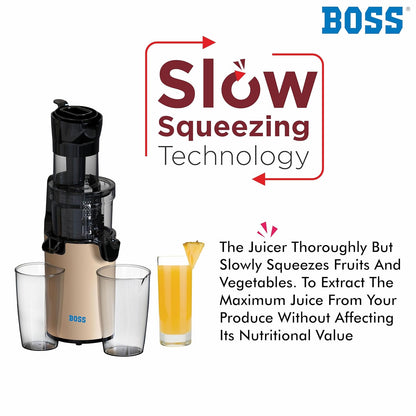 BOSS Fauna Slow Juicer, Professional Cold Press Whole Slow Juicer, 200 Watts | All-in-1 Fruit & Vegetable Juicer, Grey