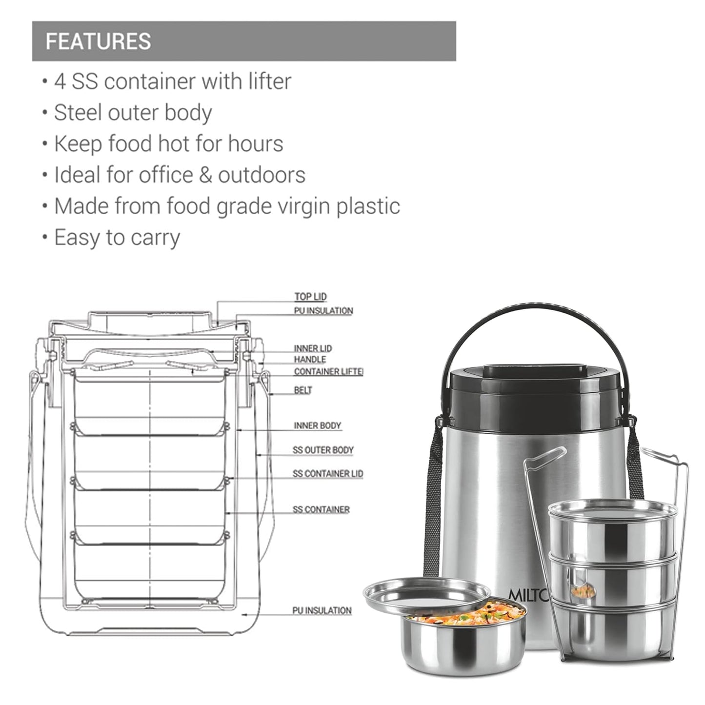 MILTON Steel Classic 4 Tiffin with Lifter, 4 Container, 300 ml Each, Silver | PU Insulated | Food Grade | Easy to Carry | Hot & Cold | Office | Outdoors | Food Grade