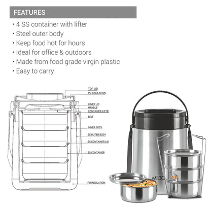 MILTON Steel Classic 4 Tiffin with Lifter, 4 Container, 300 ml Each, Silver | PU Insulated | Food Grade | Easy to Carry | Hot & Cold | Office | Outdoors | Food Grade