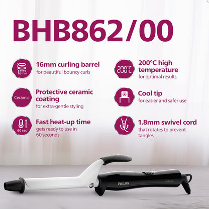 Philips Hair Curler with 16MM Barrel | Ceramic Coated Barrel for Long-Lasting Bouncy Looking Curls | Fast Heat Up | BHB862/00, Black