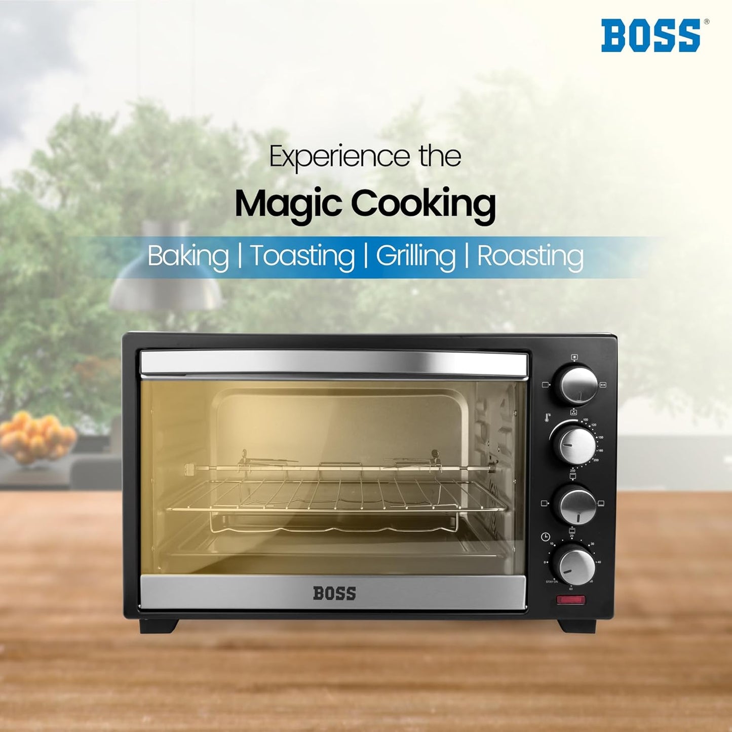 BOSS Delish 30 Litres Oven Toaster Griller, Motorised Rotisserie, Convection, Baking, Grilling, Toasting, 1600 Watts, 2 years warranty, Black
